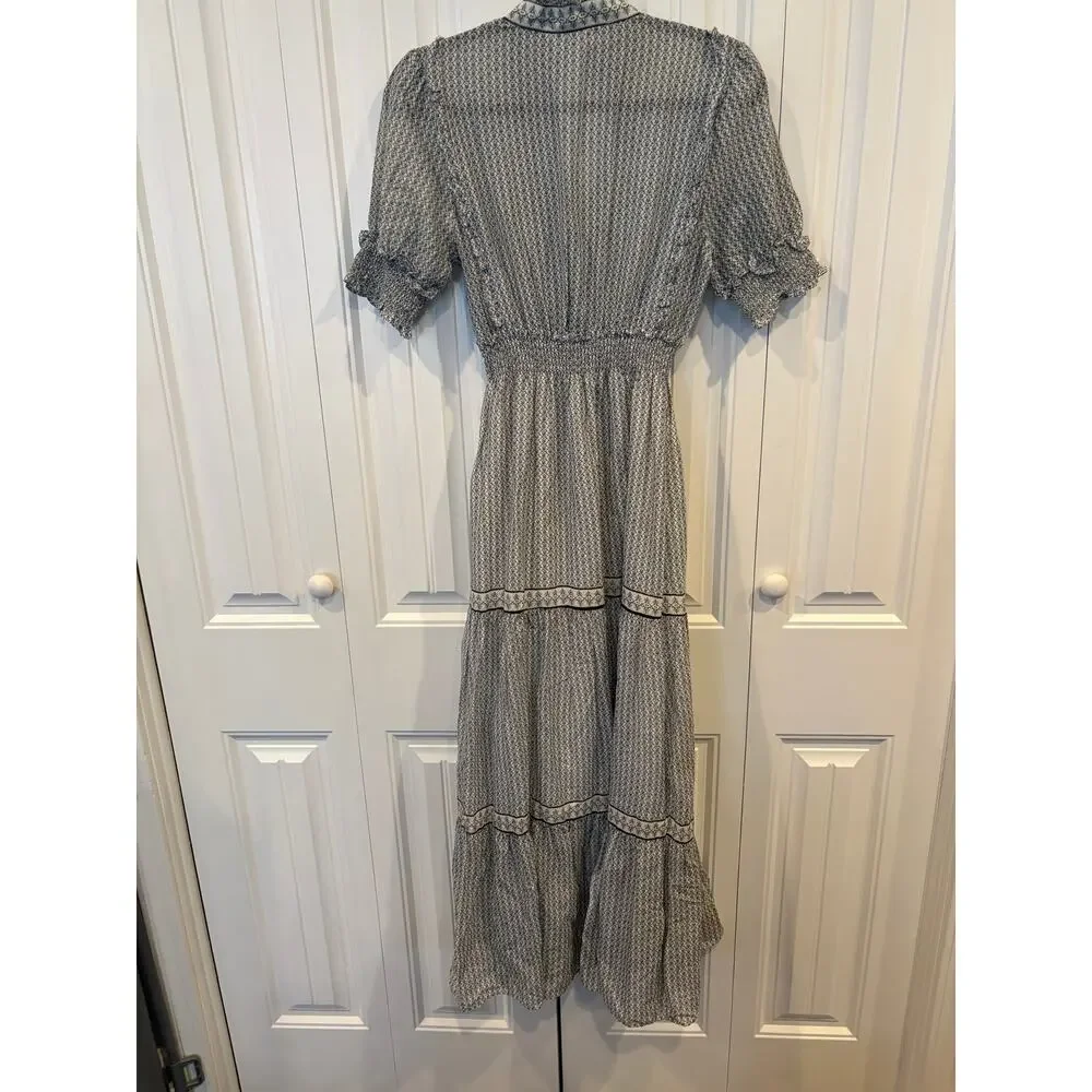 Max Studio White, Yellow and Black Short Sleeve V Neck  Maxi Dress Size Small‎